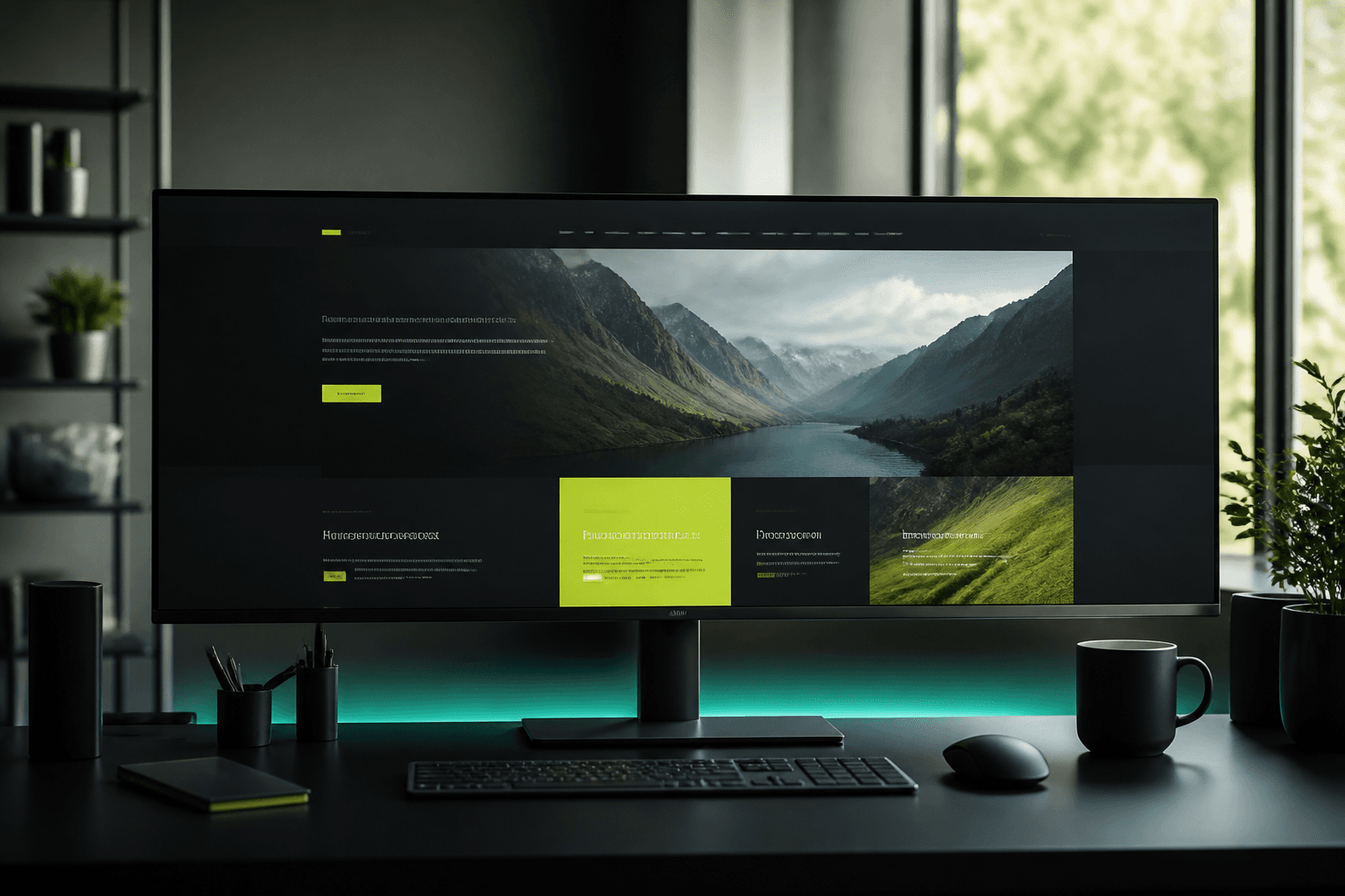 Workspace com monitor exibindo layout de site